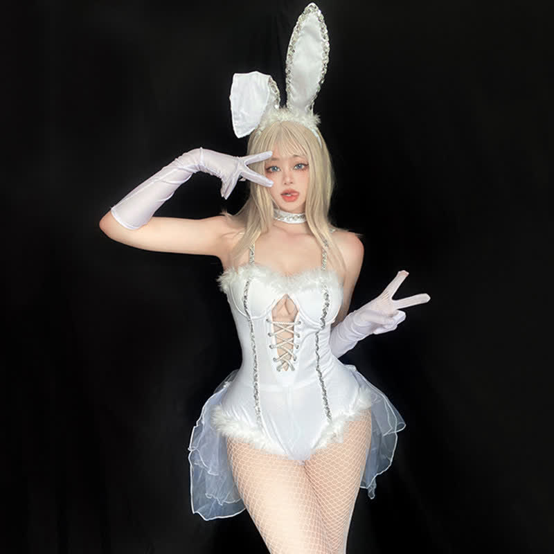 Cosplay Bunny Ears Lace Jumpsuit Lingerie Fishnet Stockings Set