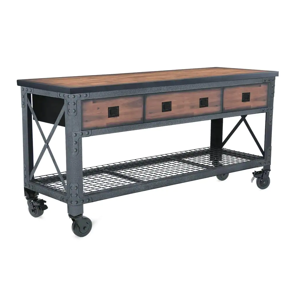 3-Drawers Rolling Industrial Mobile Workbench Cabinet and Wood Top