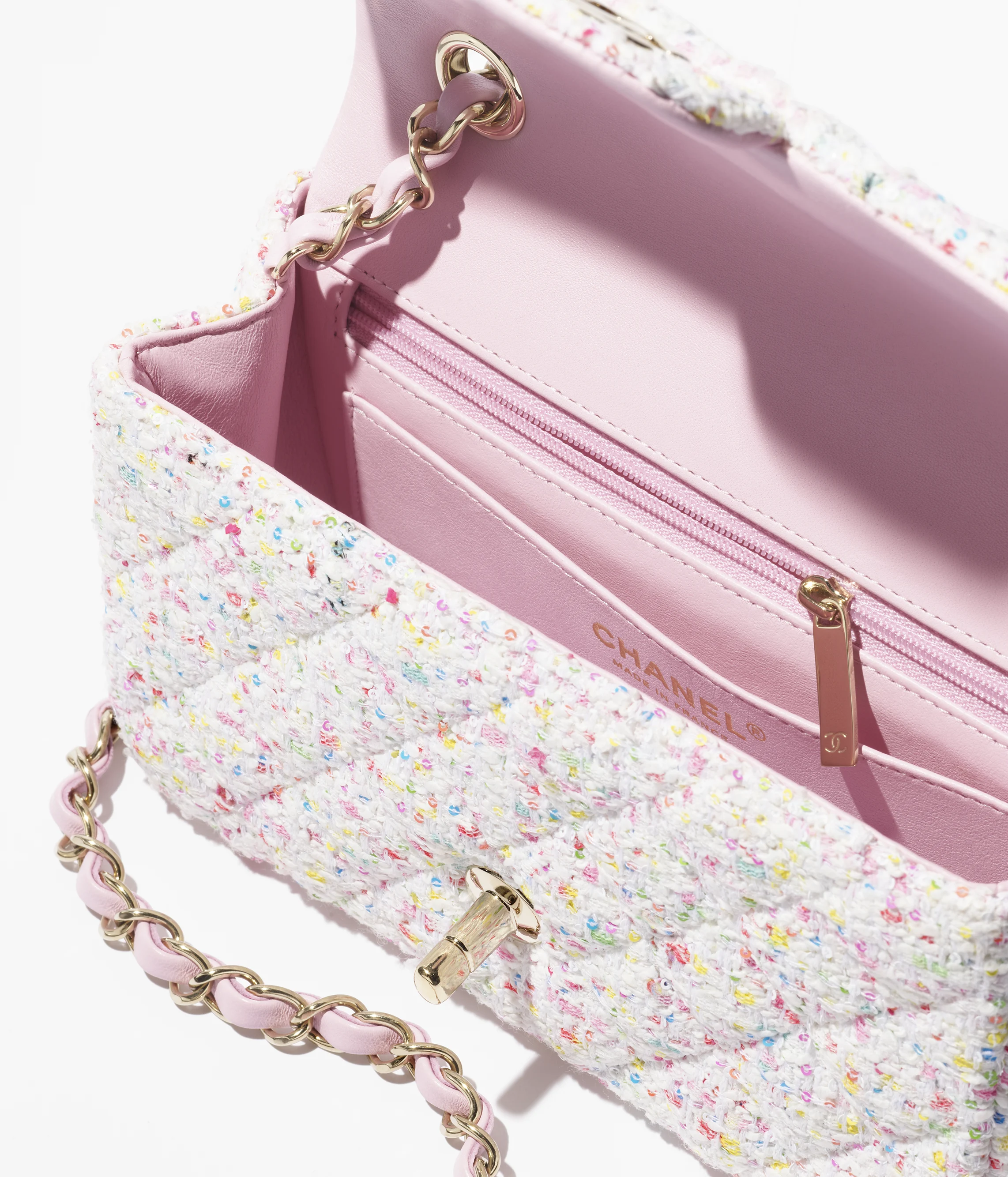 Chanel Mini Classic Bag Tweed & Gold Metal White, Blue & Pink A69900-B19943-NADQX