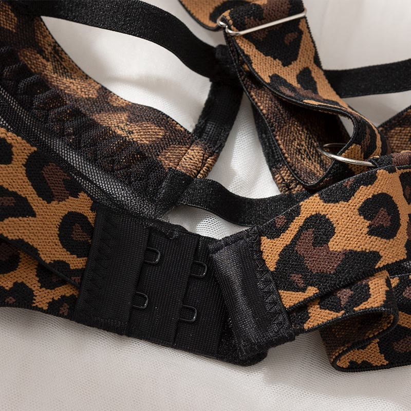 Leopard Print See-through Hollow Out Lingerie Set