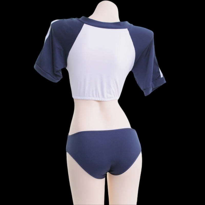 School Style Colorbock Crop Top Panty Lingerie Set