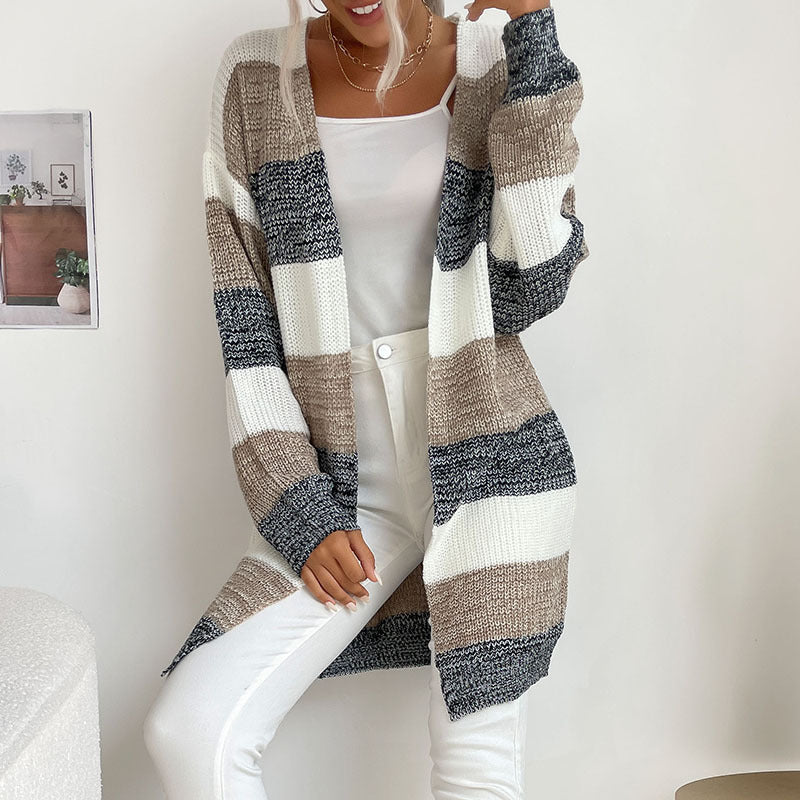 Graceful and Fashionable Women's Colorblock Sweater Coat without Buttons