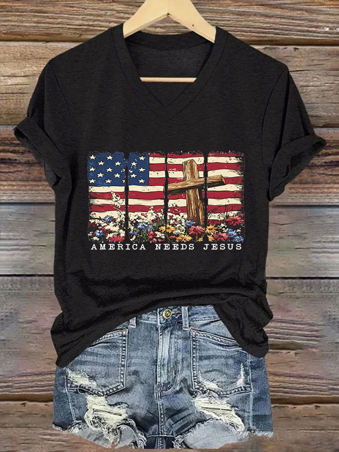 Women's America Needs Jesus Print V-Neck T-Shirt