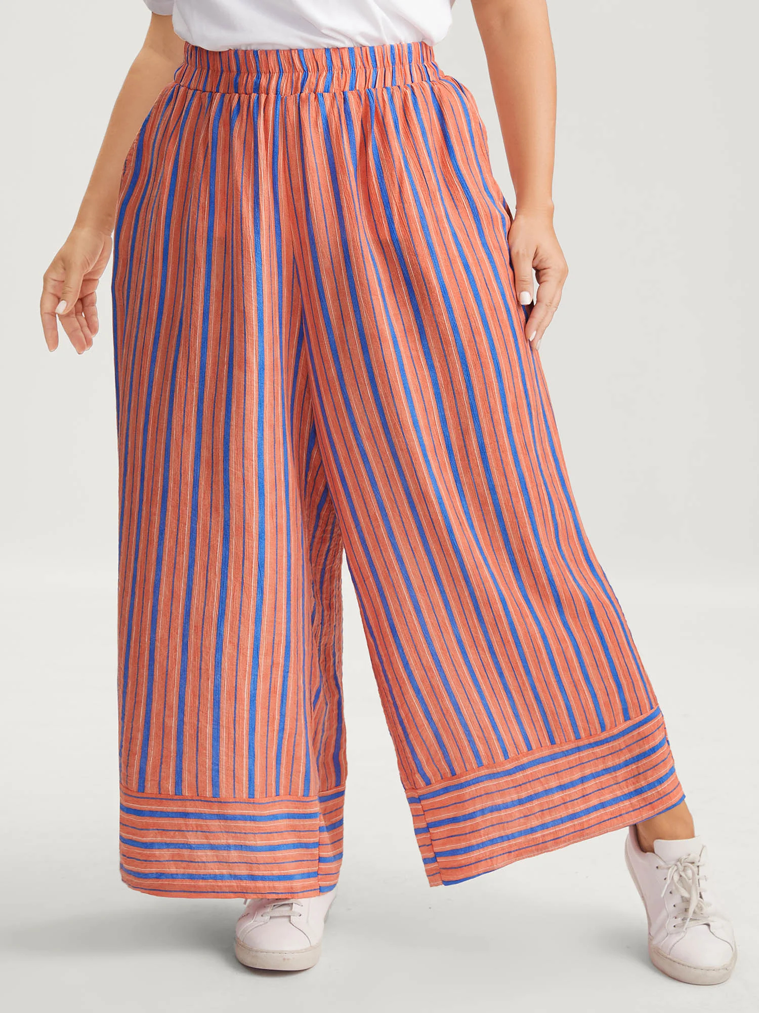 Soft Stripes Stretchy Waist Wide-Leg Pants