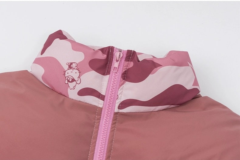 Hellokitty Camouflage  Winter Long Sleeve Zip Puffer Jacket Pockets Baggy Short Down Coats