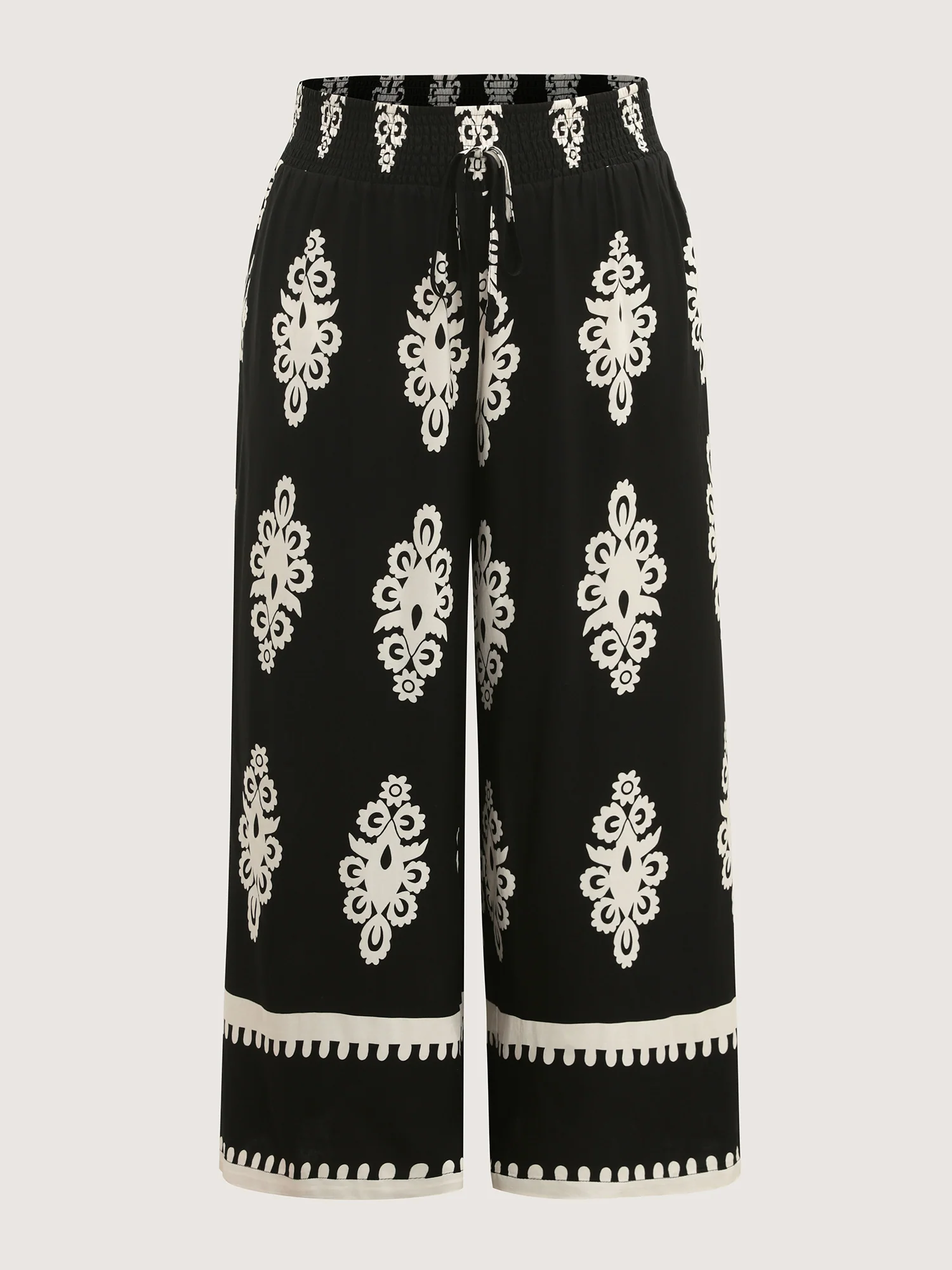 Ornate Print Shirred Wide-Leg Pants