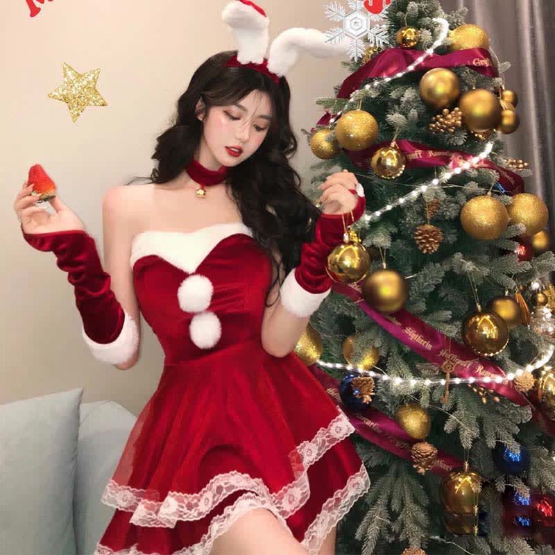 Christmas Cosplay Double Lace Fuzzy Ball Off The Shoulder Dress