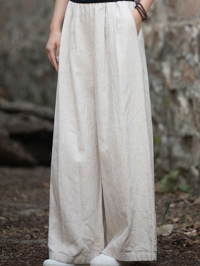 Women's Solid Color Loose Elastic Waist Casual Cotton And Linen Pants