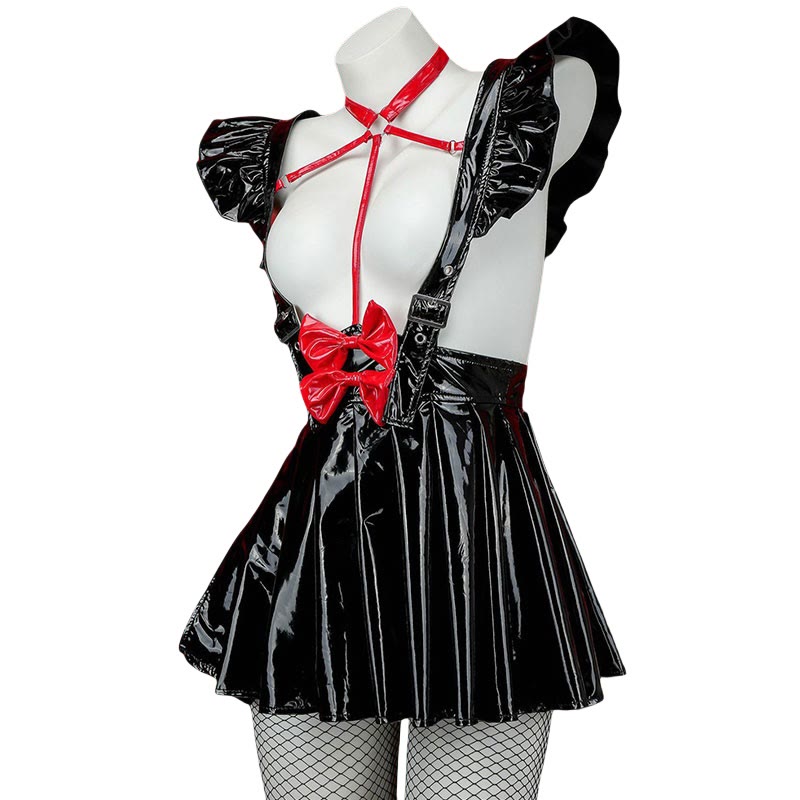 PU Hollow Out Bow Lingerie Dress