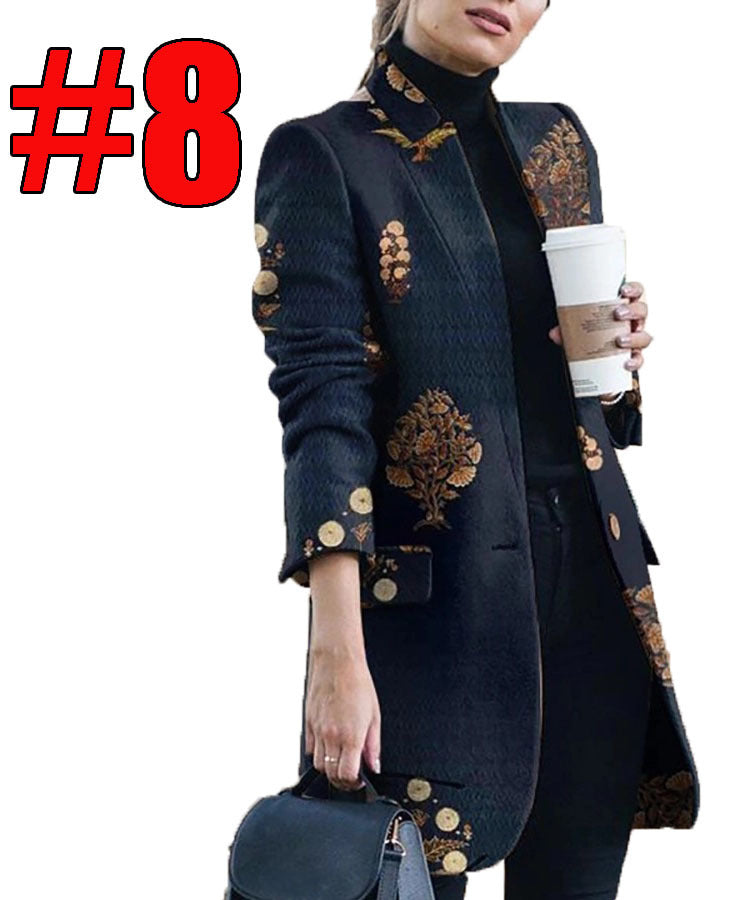 Women's Stand-Collar Woolen Coat with Fashion Print