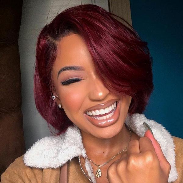 Wine red black root front lace wig