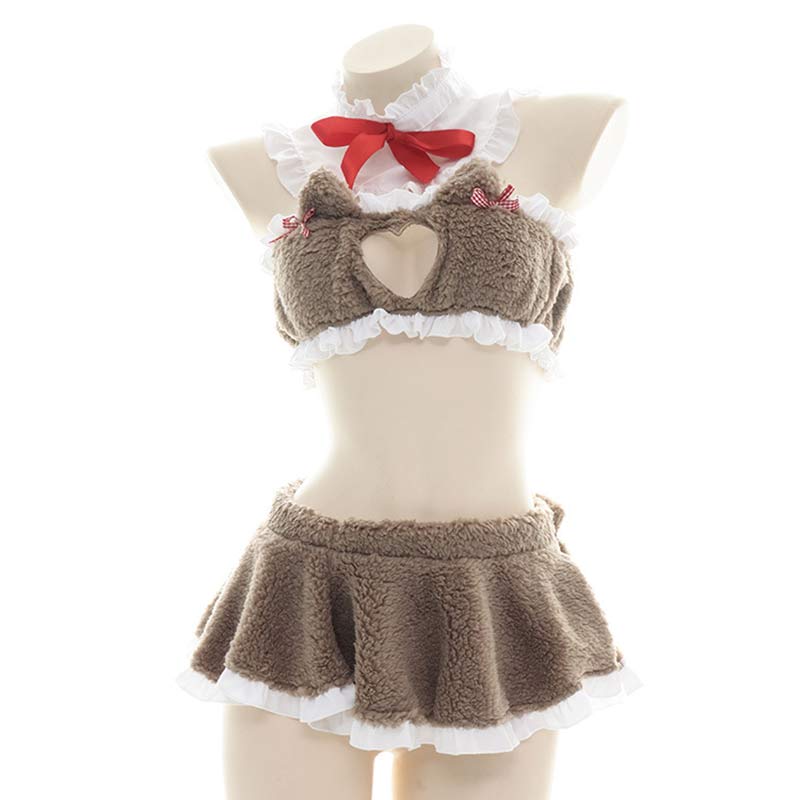 Love Heart Hollow Cat Ears Plush Lingerie Set