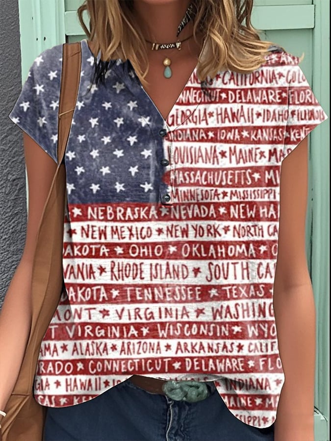 Women's Independence Day cotton and linen short-sleeved shirt