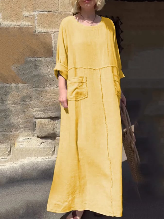 Women's Casual Loose Round Neck Long Sleeve Cotton And Linen Dress