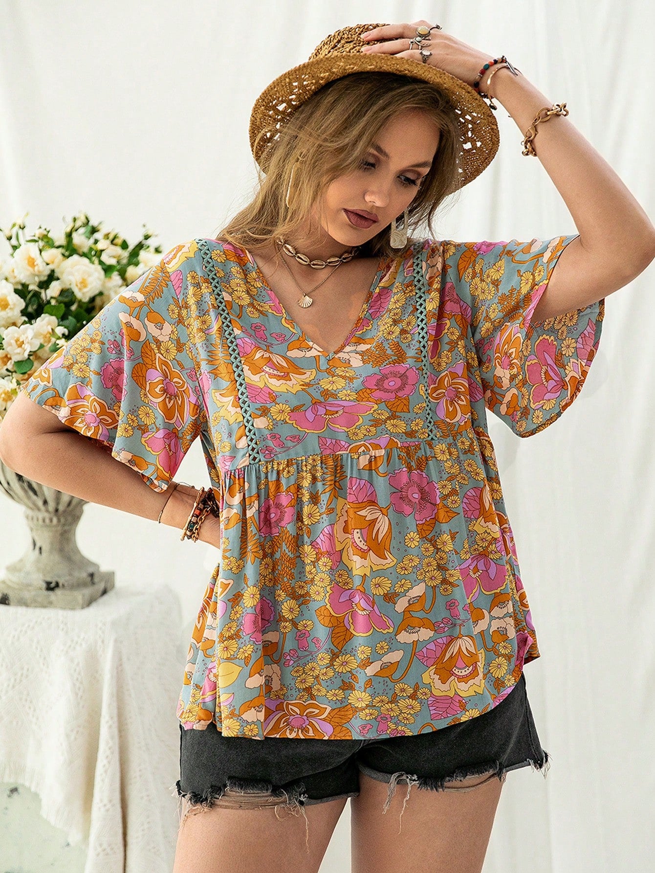 Plus Size Bohemian Lace Multi Color Shirt V neck Women Clothing
