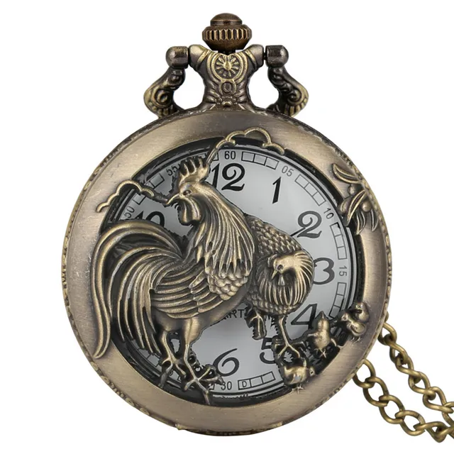 Bronze Hollow Out Chinese Twelve Zodiac Design Animal Quartz Pocket Watch for Men Women with Necklace Chain Gift reloj