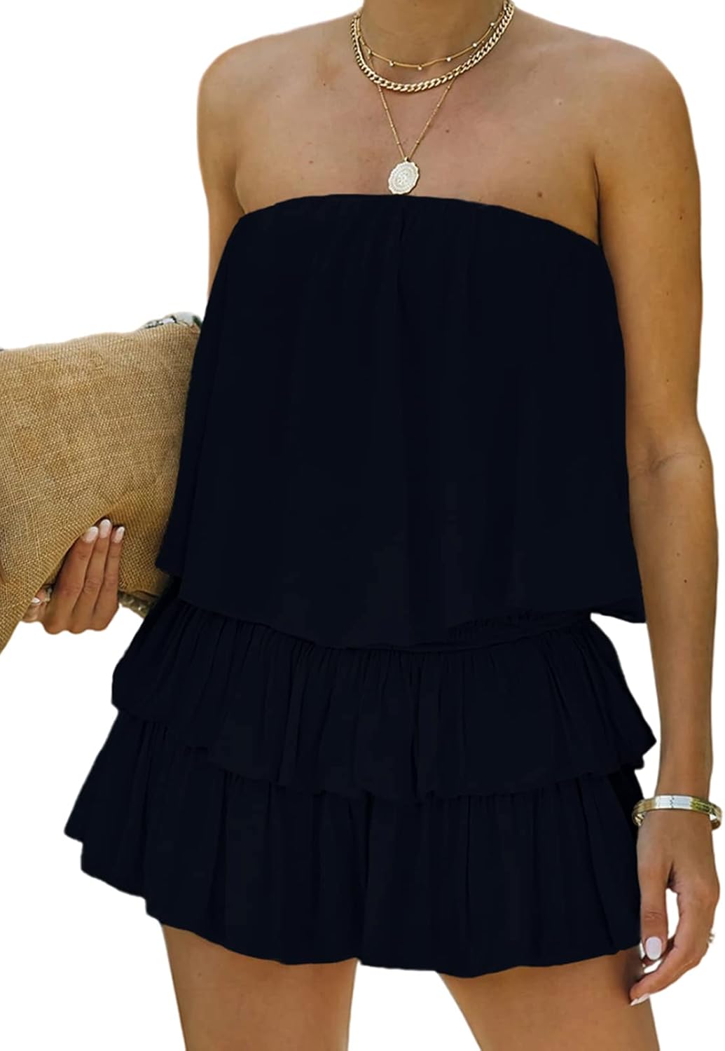 MIRACMODA Women Off The Shoulder Romper Flowy Strapless Smocked Jumpsuit Playsuits Dress