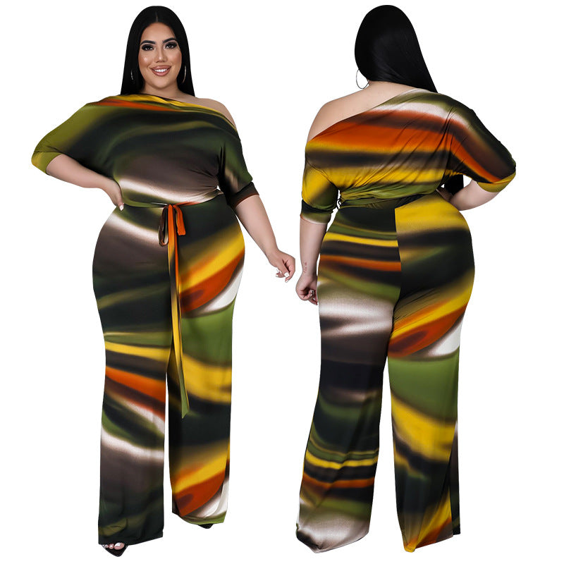 Plus Size Women Clothes Autumn Wide-Leg Pants Digital Printing Romper New Arrival