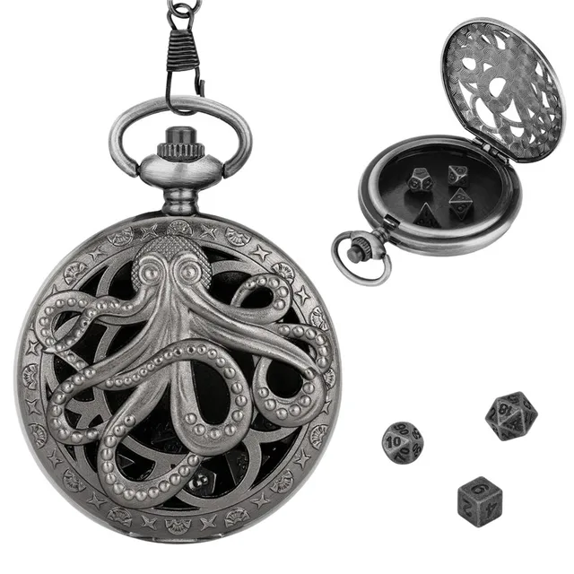 Retro Hollow Octopus Pocket Watch Case Pendant Chain with 7pcs Metal Polyhedral Dice Game Accessory