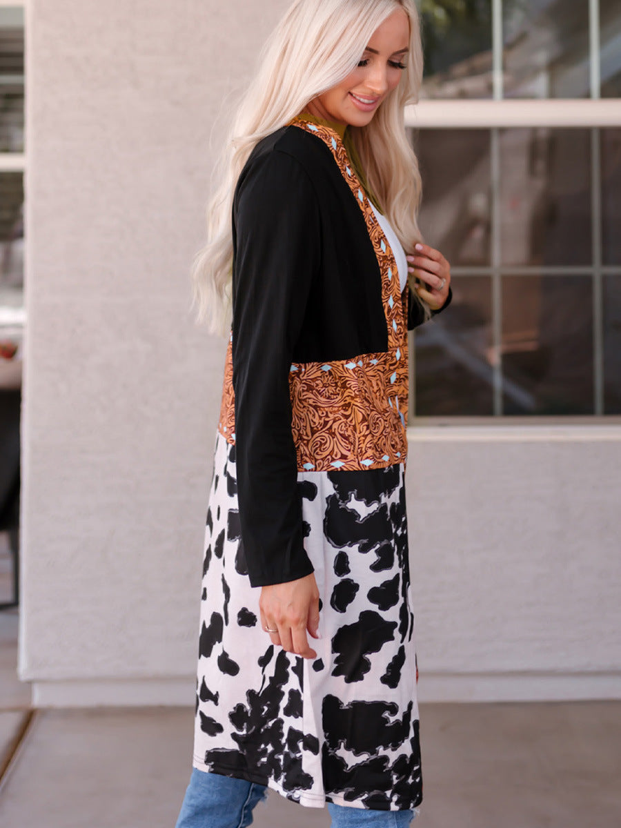 Western Denim Patchwork Knitted Cardigan Printed Coat