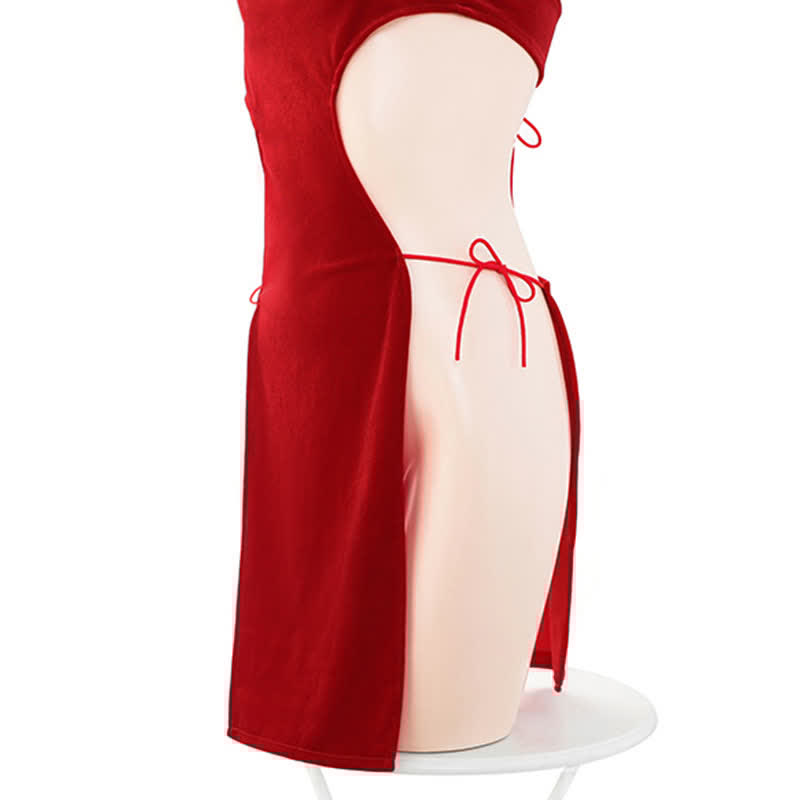 Christmas Lace Up High Split Cheongsam Lingerie Dress