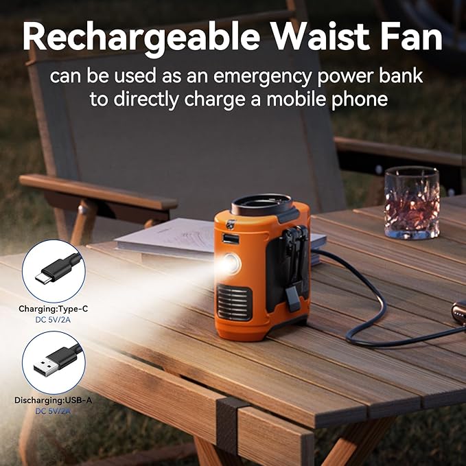 ❄️❄️Portable waist clip cooling fan | USB charging with LED and power bank ☀️☀️(a must-have for outdoor work in summer)
