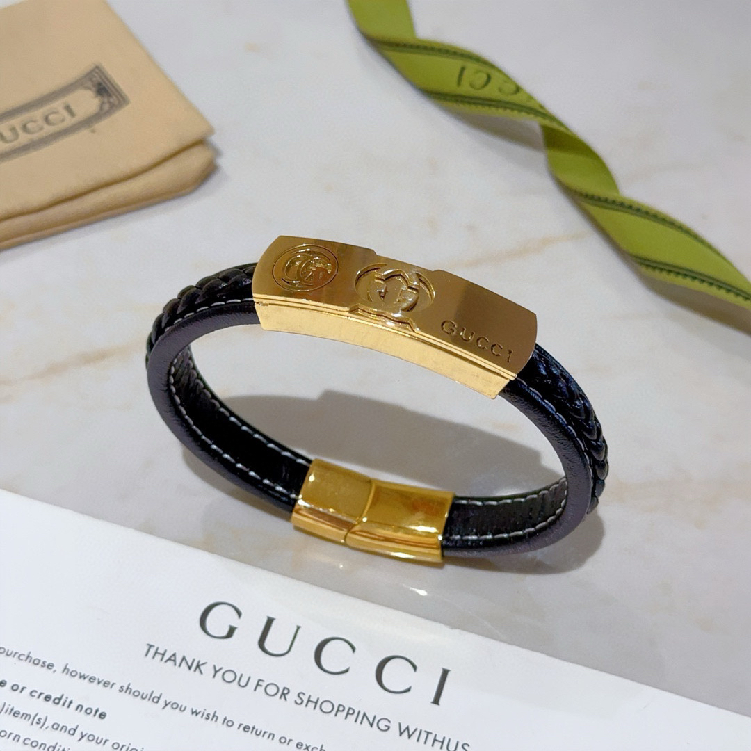 Gucci Braided Black Leather Gold GG Bracelet