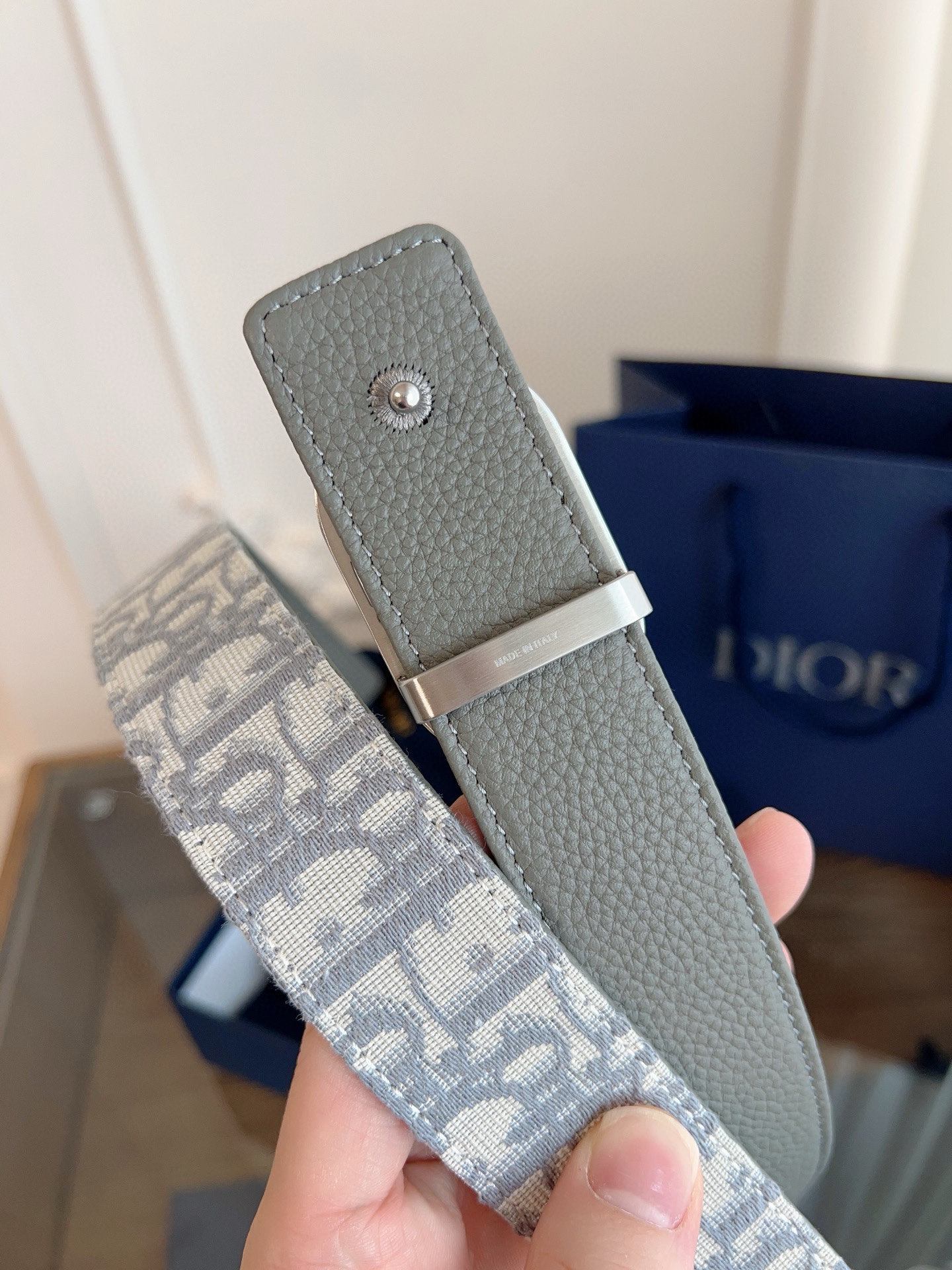 Dior Oblique grey cloth grey cowhide leather belt width 3.5cm