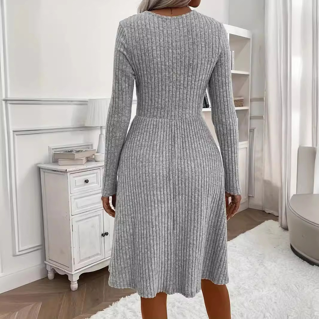 Autumn and winter fashion temperament solid color v-neck stitching sweater dress