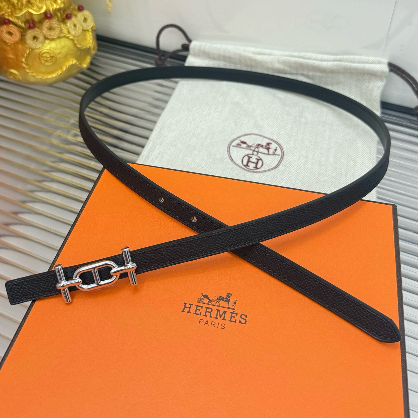 Hermès Mens belt double-sided calfskin women's belt width 1.3CM