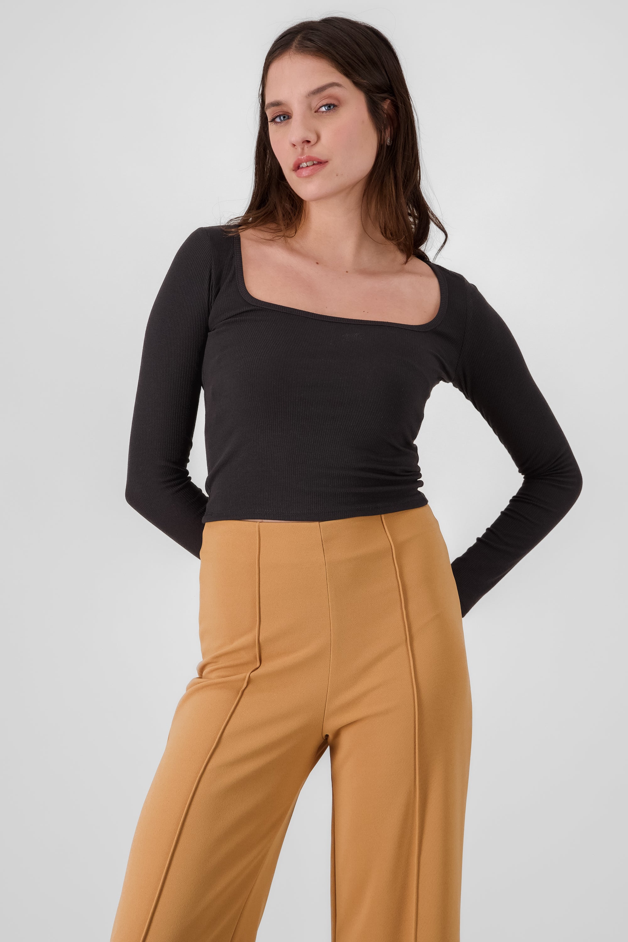 Solid Ribbed Long Sleeve Top