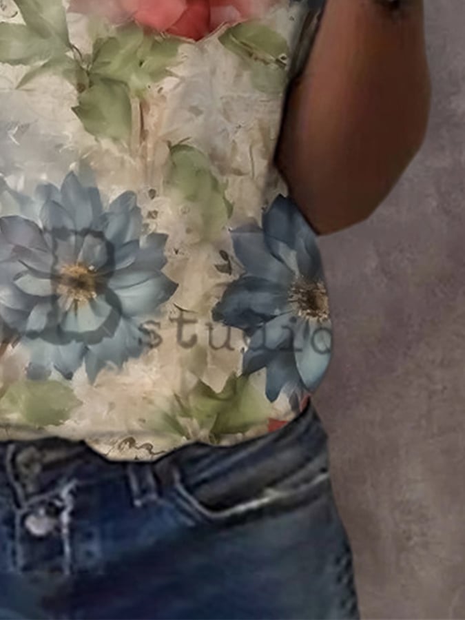Women'S Independence Day Round Neck Retro Floral Print Casual T-Shirt