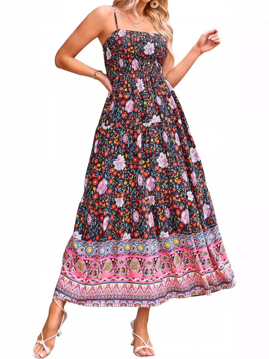 Black and red Retro Floral Bohemian dress with adjustable shoulder straps