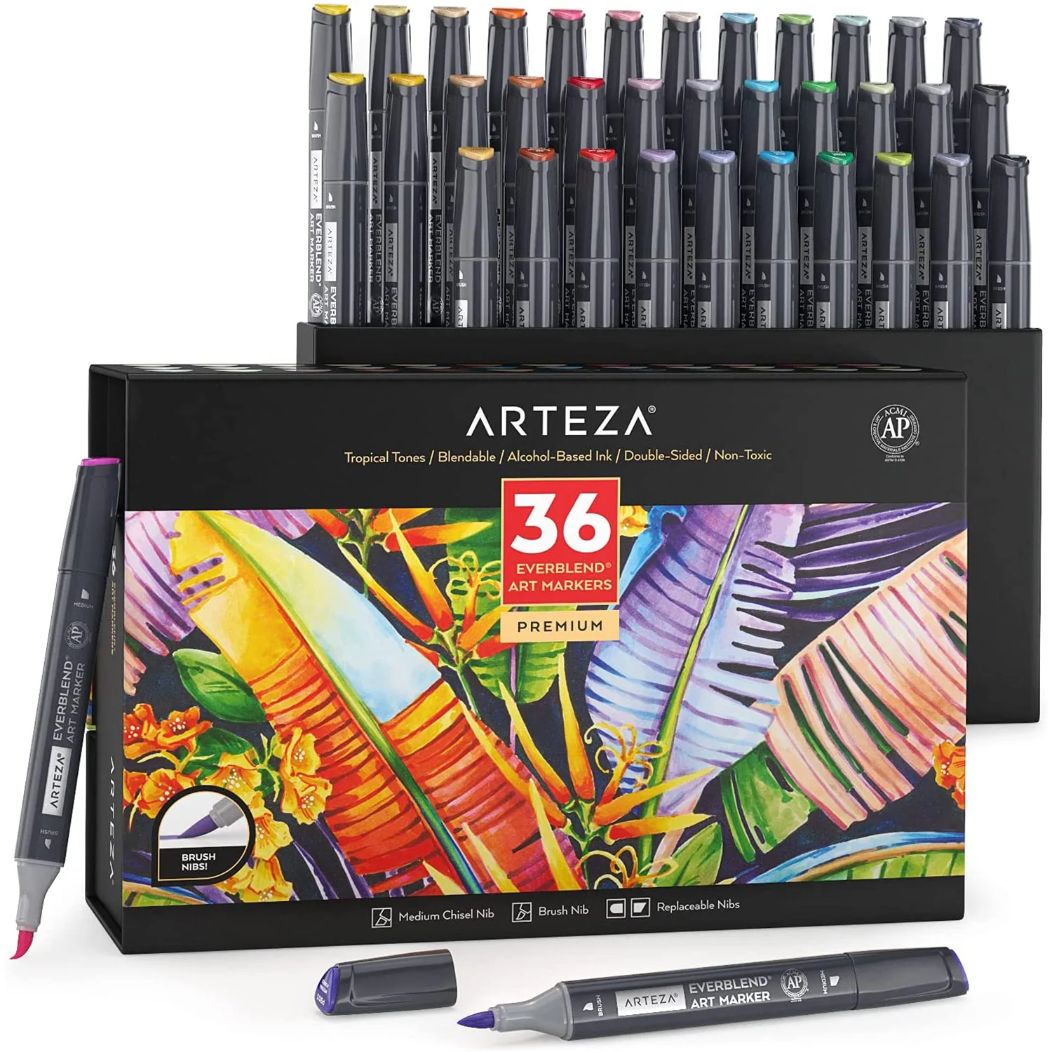 ARTEZA Alcohol Brush Markers, Set of 36 Colors, EverBlend Tropical Tones, Medium Chisel and Brush Nib, Dual Tip Markers