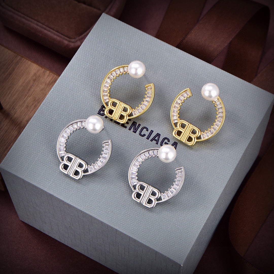 Balenciaga Diamond Hoop Pearl Earrings
