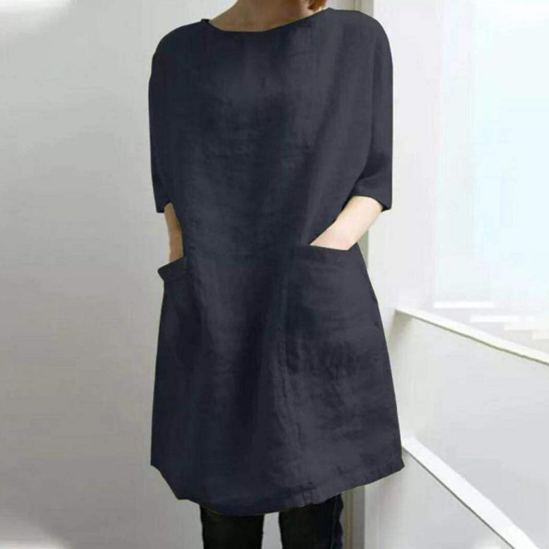 Vintage Plain Round Neck Pocket Short Sleeve Mini Dress