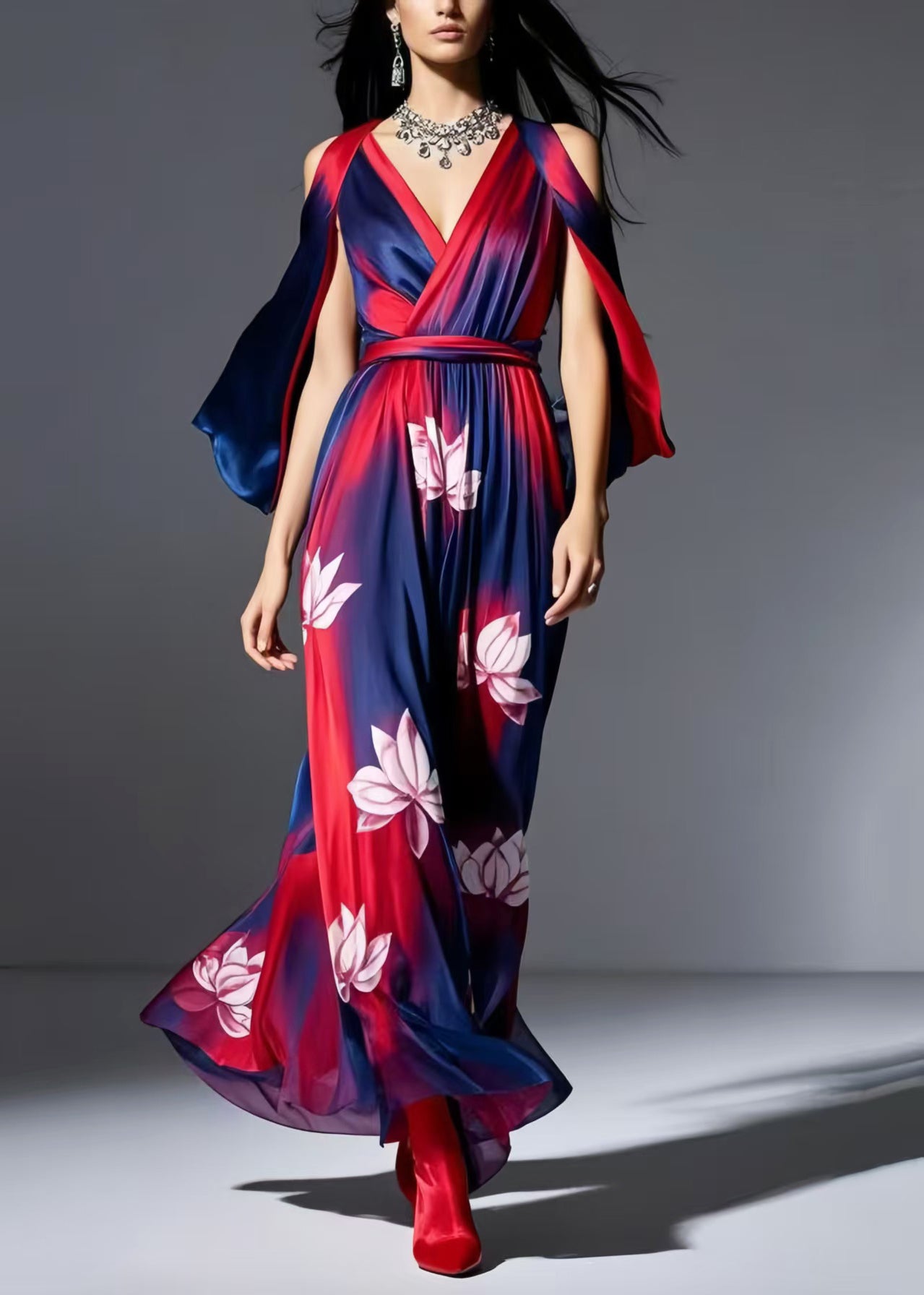 Plus Size Navy Cold Shoulder Tie Dye Chiffon Dresses Summer