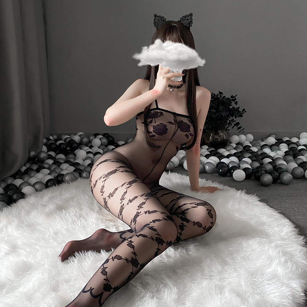 Sexy see-through patterned suspender strapless bodysuit stockings