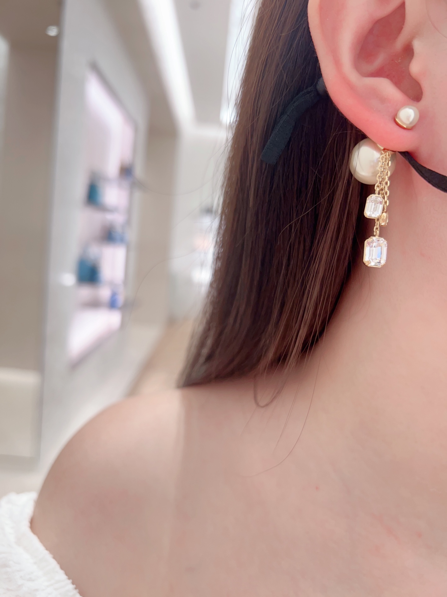 Dior large and small pearl tassel rhinestone earrings