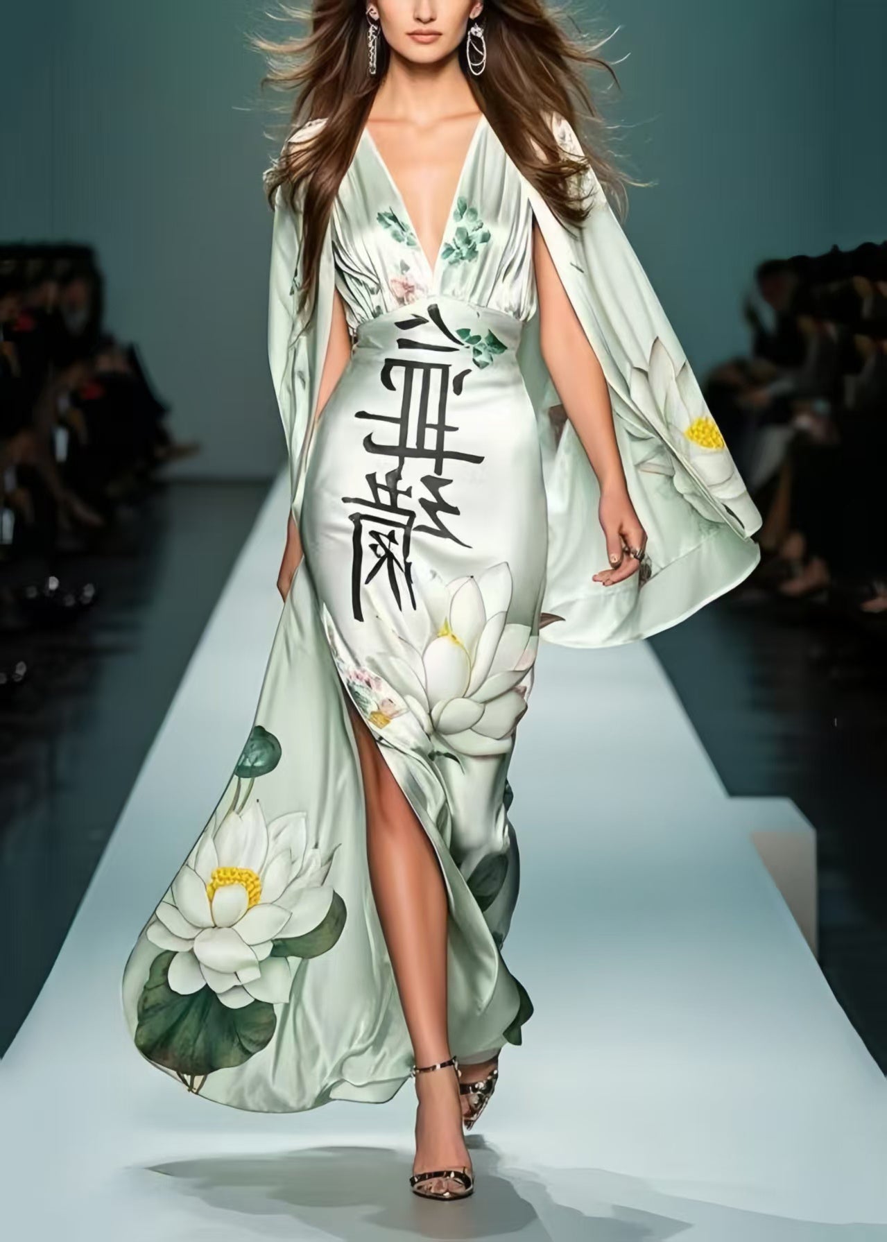 Fine Green Print Side Open Silk Robe Dresses Cloak Sleeves