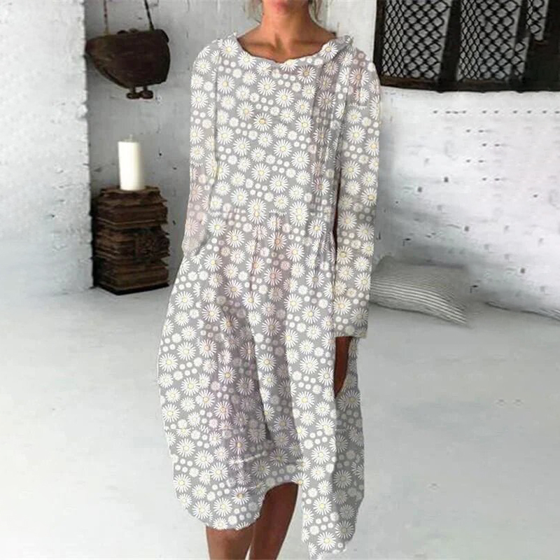 Simple Round Neck Long Sleeve Printed Midi Dress