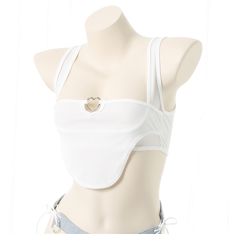 Pure Color Tank Top Hollow Out Denim Shorts Lingerie Set