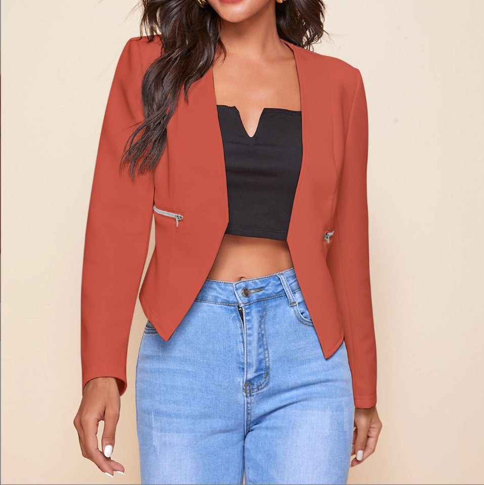 Long Sleeve Cardigan Zipper Pocket Jacket Top with a Small Suit Style.
