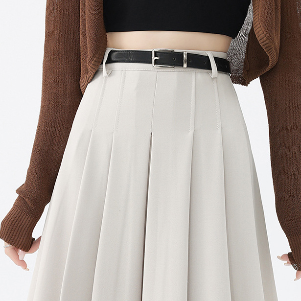 White High waist show thin pleated skirt belt suit skirt