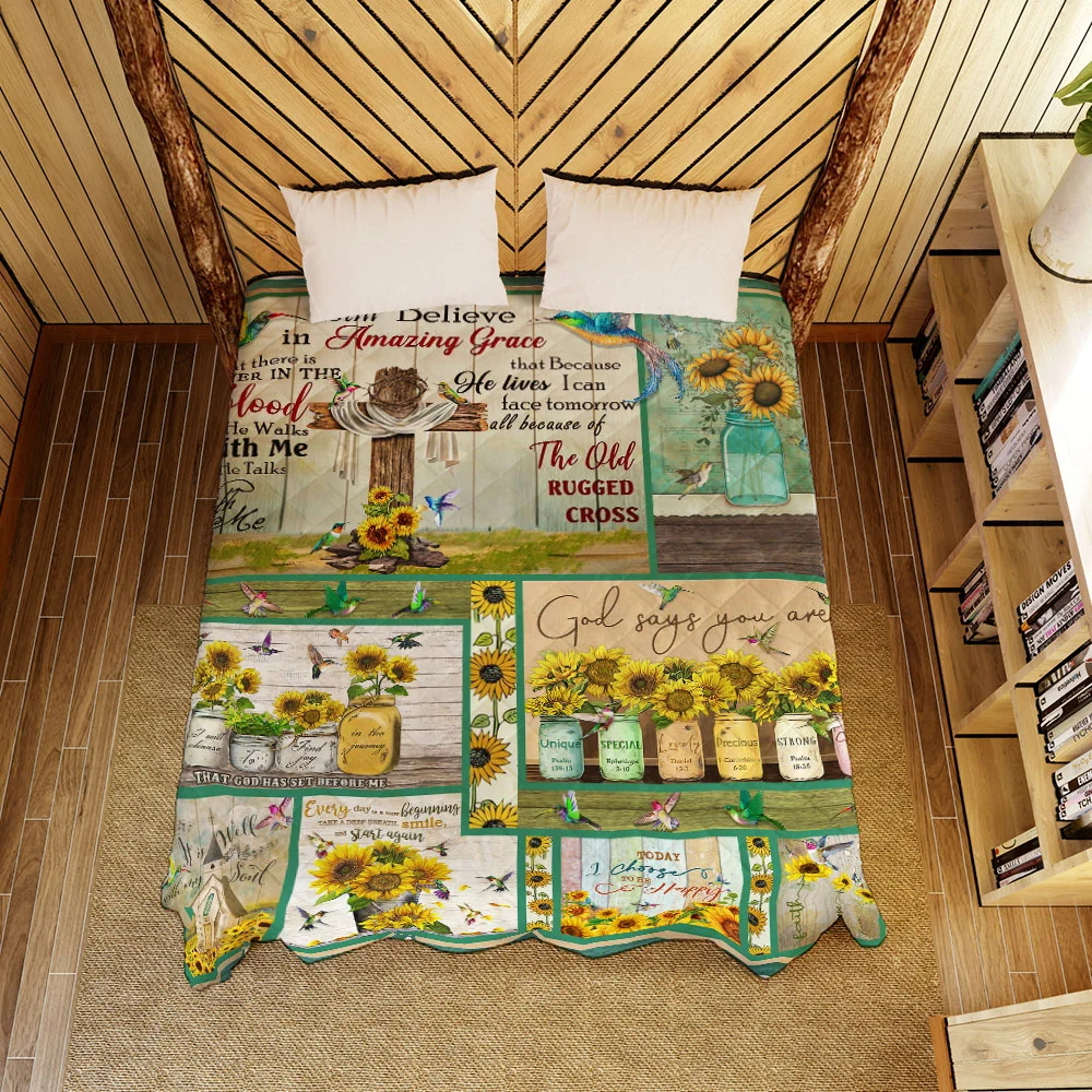 Jesus Christ. Hummingbirds Sunflower. I Still Believe In Amazing Grace Quilt Blanket