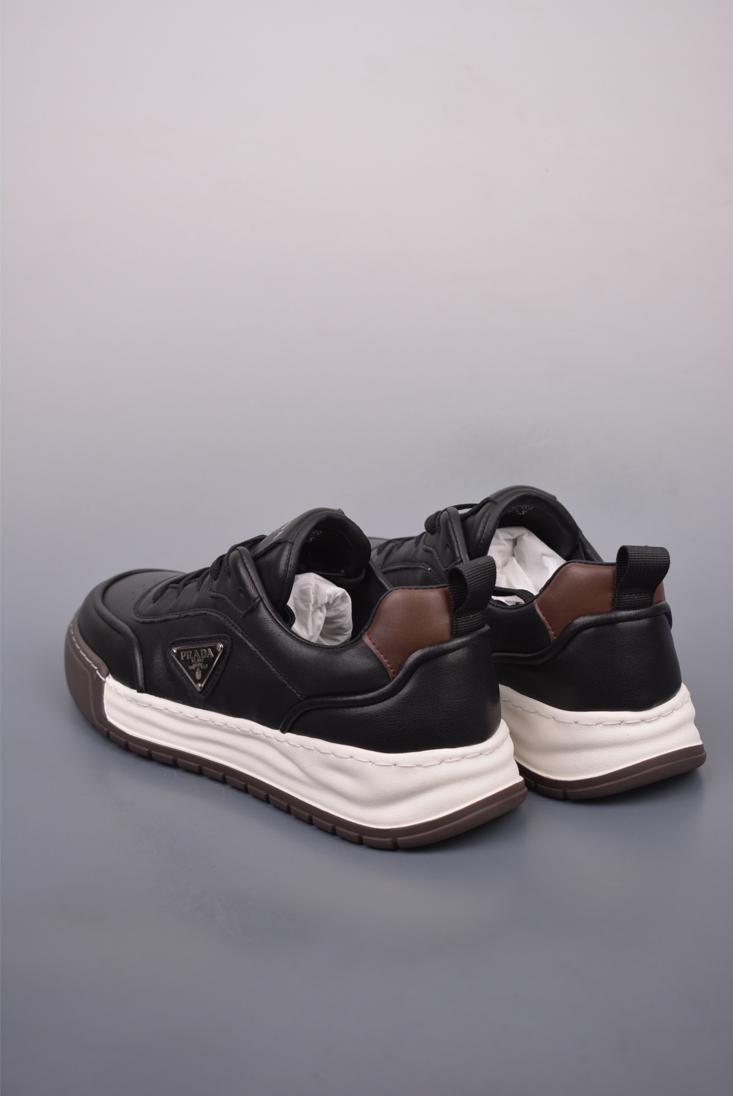 Prada PRAX 02 Triangle Logo Leather Sneakers Casual Sports Shoes Black Brown 3D989M_3LF5_FG000