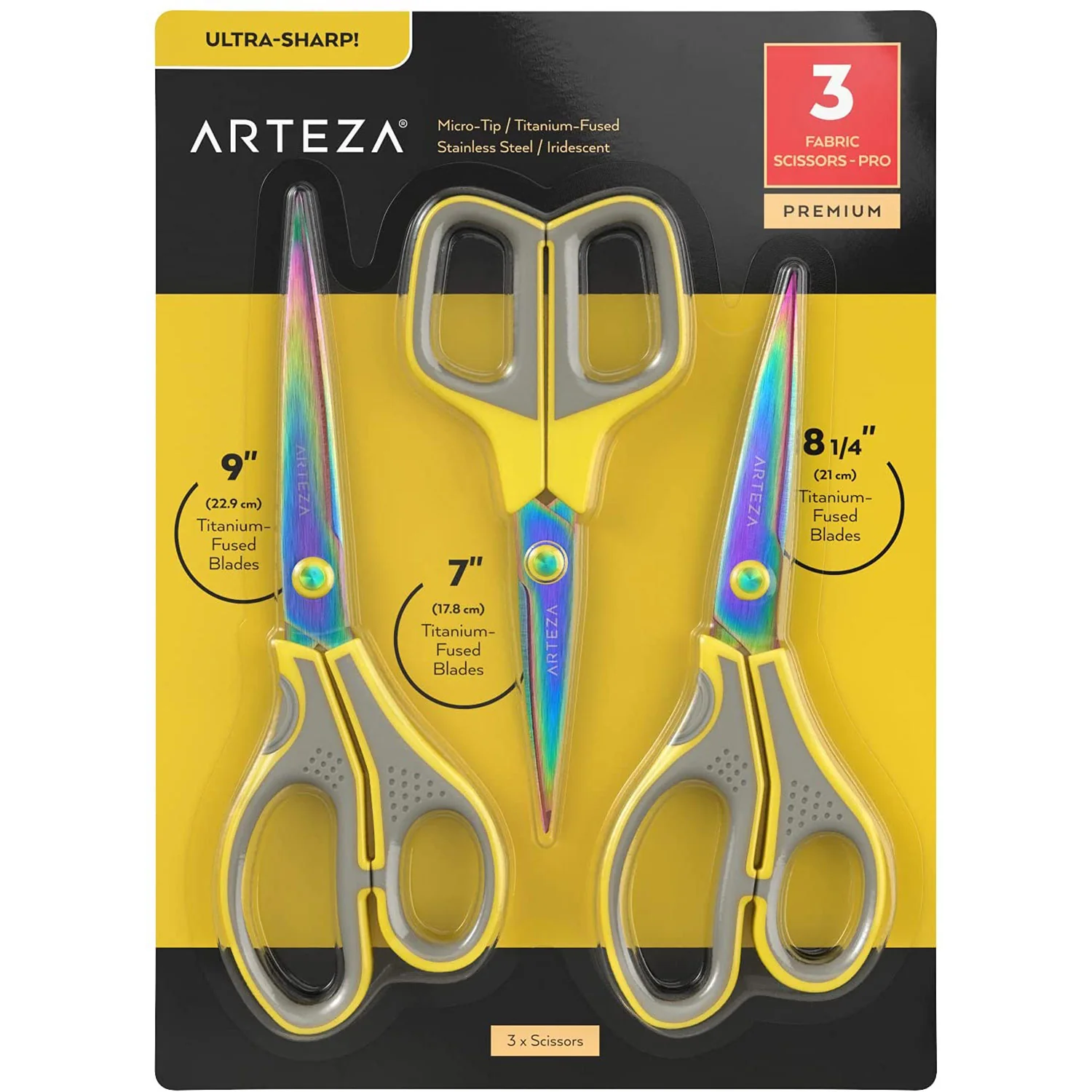 ARTEZA Titanium-Coated Stainless Steel Fabric Scissors, Set of 3 .C 7, 8.25, and 9 Inches