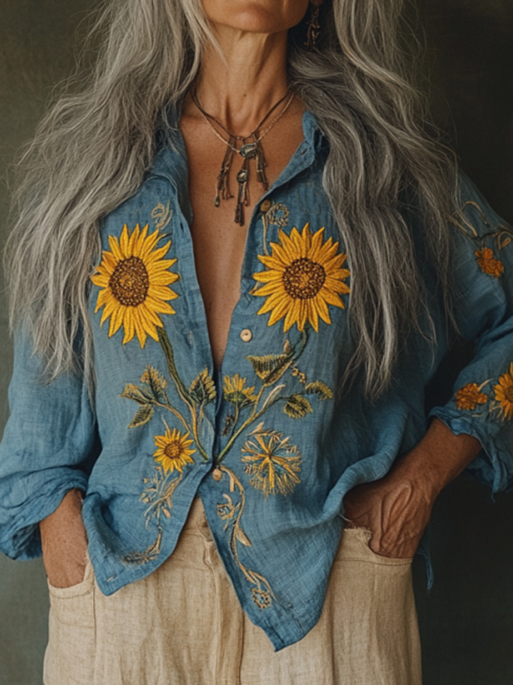 Bohemian Linen Floral With Ukraine Sunflower Art Print Long Sleeve Shirt