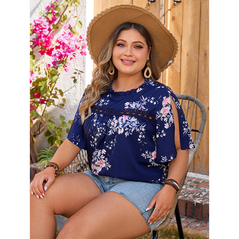 Plus Size Plump Girls Printed Shirt round Neck Loose Casual Design Sleeve Casual Women Shirt