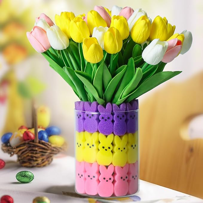 🔥On Sale🔥Easter Sponge Bunnies Vase Filler with Artificial Tulips Flowers